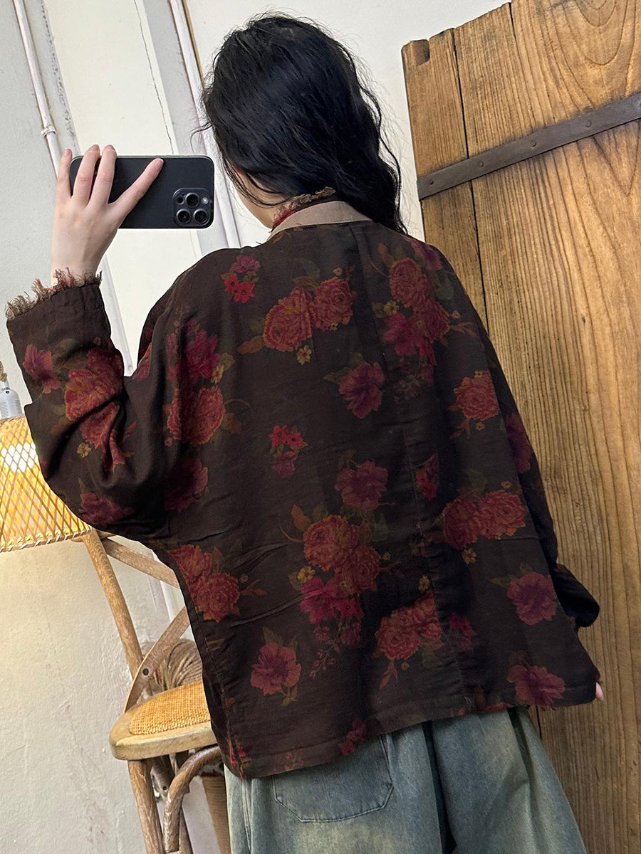 Damen Herbst Blumen Rohkanten Gespleißtes Baumwollhemd AT1023