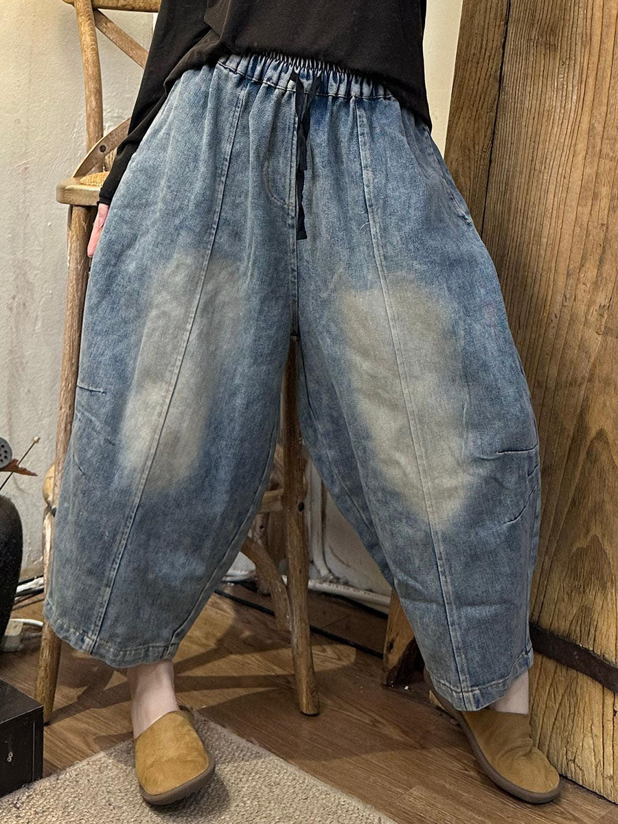 Pantalon sarouel en denim délavé épissé à poches décontractées pour femmes AI1024