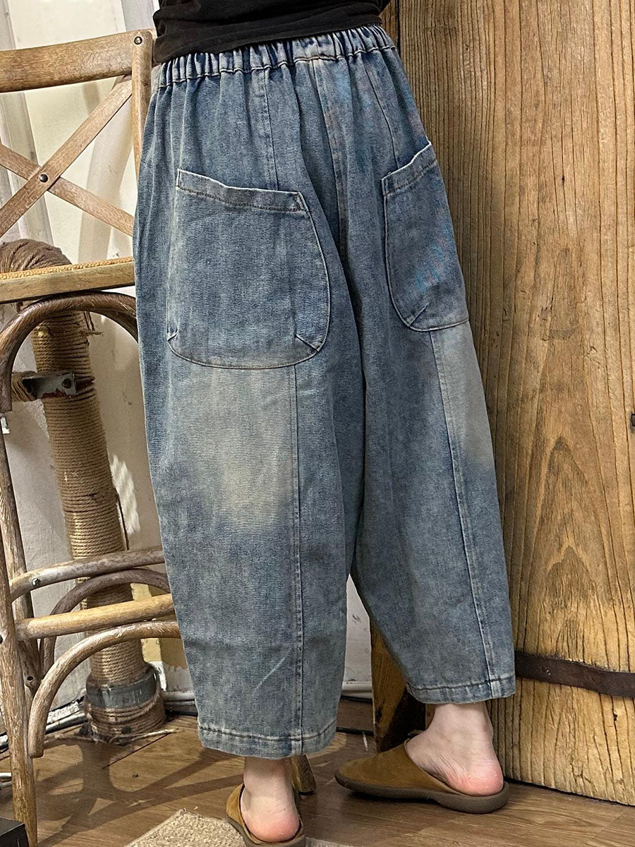 Pantalon sarouel en denim délavé épissé à poches décontractées pour femmes AI1024