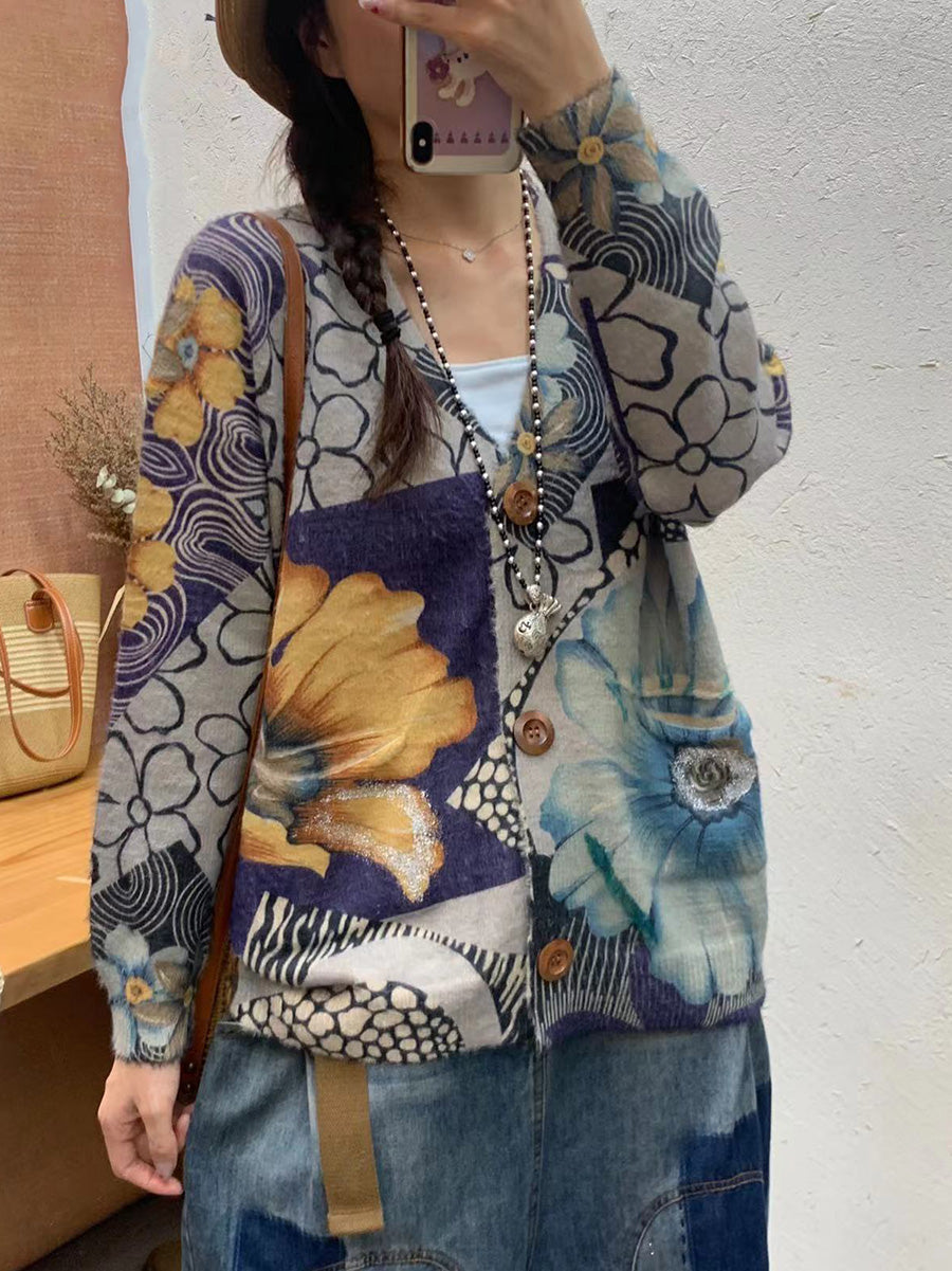 Cardigan en tricot à col en V et fleurs d'automne pour femme AI1055