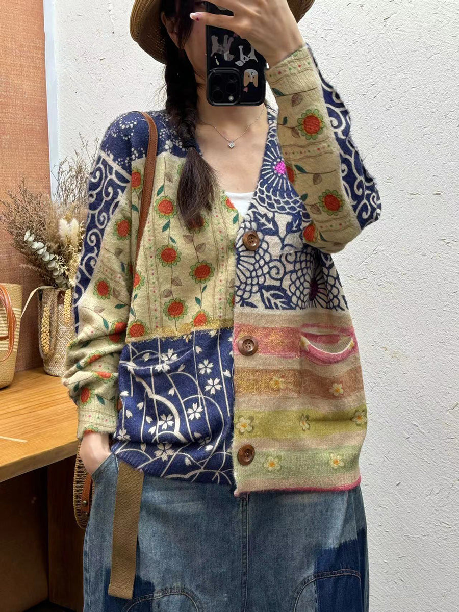 Cardigan en tricot à col en V et fleurs vintage pour femme, automne AI1035