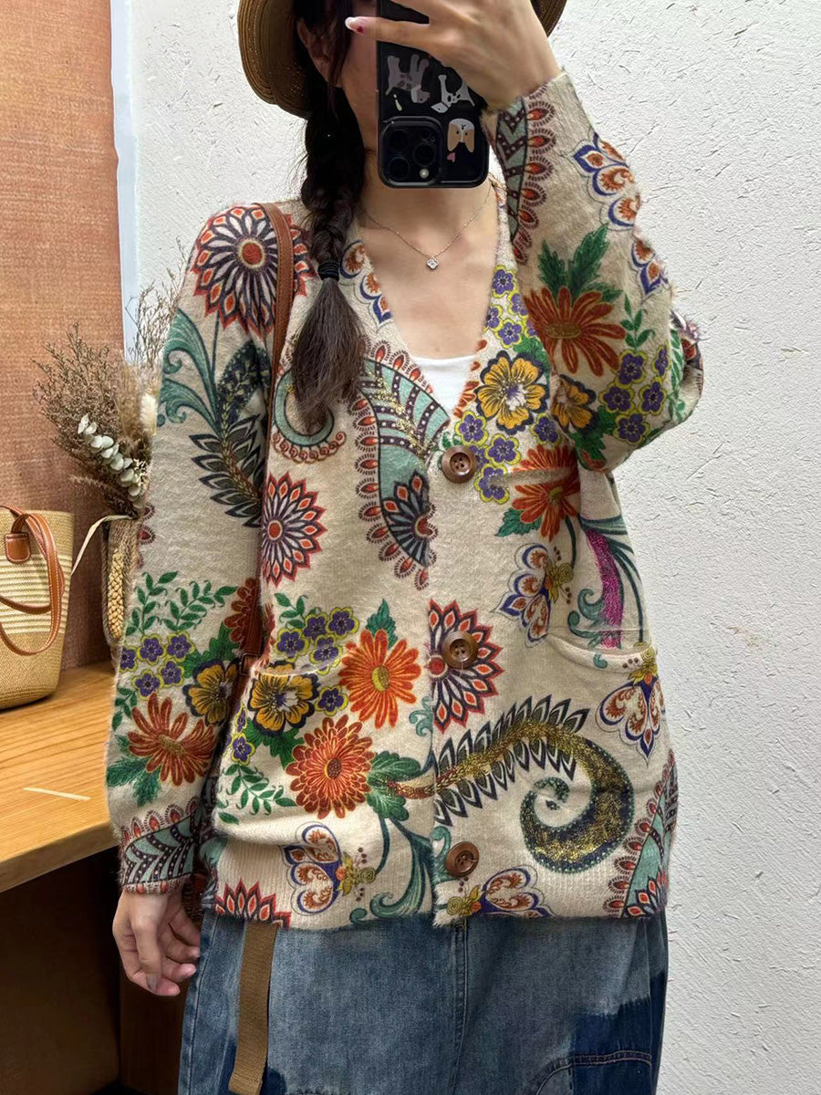 Cardigan en tricot à col en V et fleurs vintage pour femme, automne AI1035