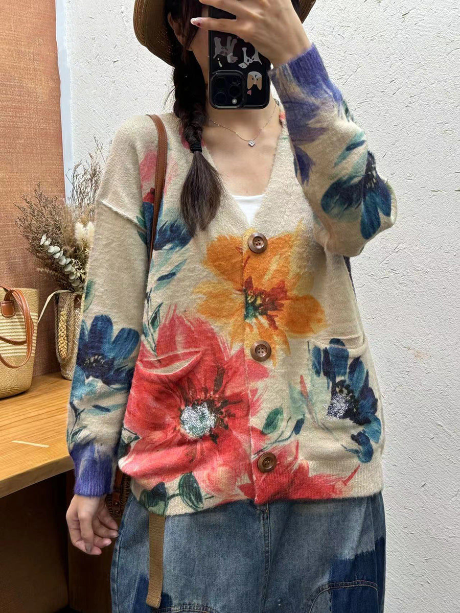 Cardigan en tricot à col en V et fleurs vintage pour femme, automne AI1035
