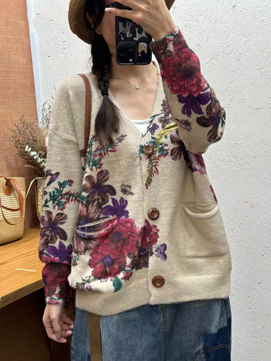 Cardigan en tricot à col en V et fleurs vintage pour femme, automne AI1035