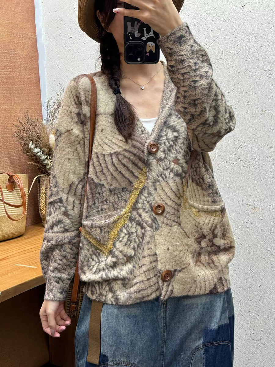 Cardigan en tricot à col en V et fleurs vintage pour femme, automne AI1035