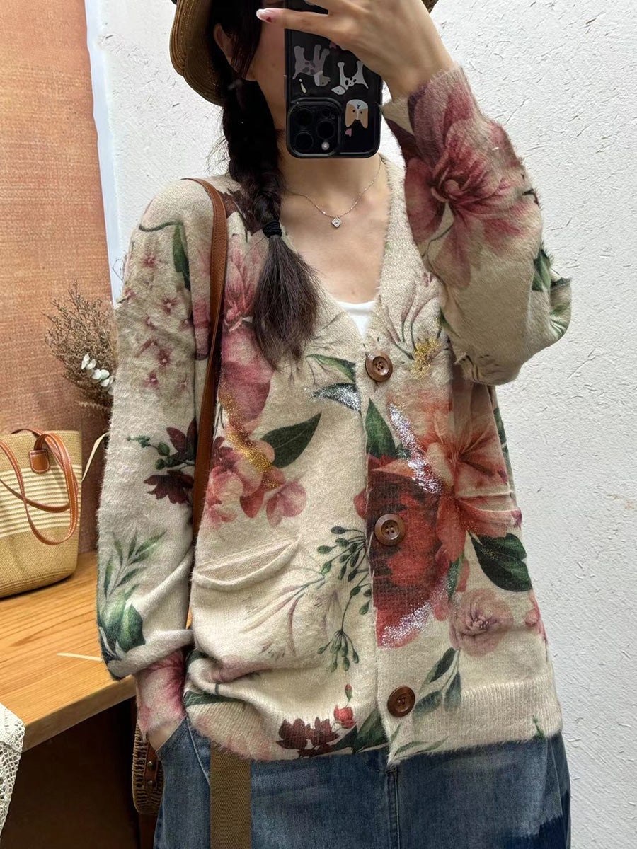Cardigan en tricot à col en V et fleurs vintage pour femme, automne AI1035