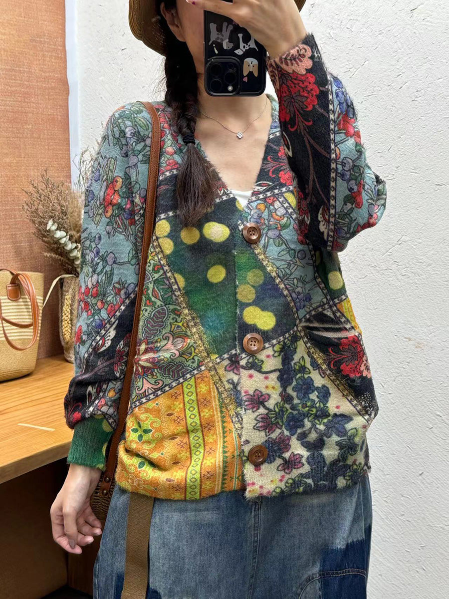 Cardigan en tricot à col en V et fleurs vintage pour femme, automne AI1035
