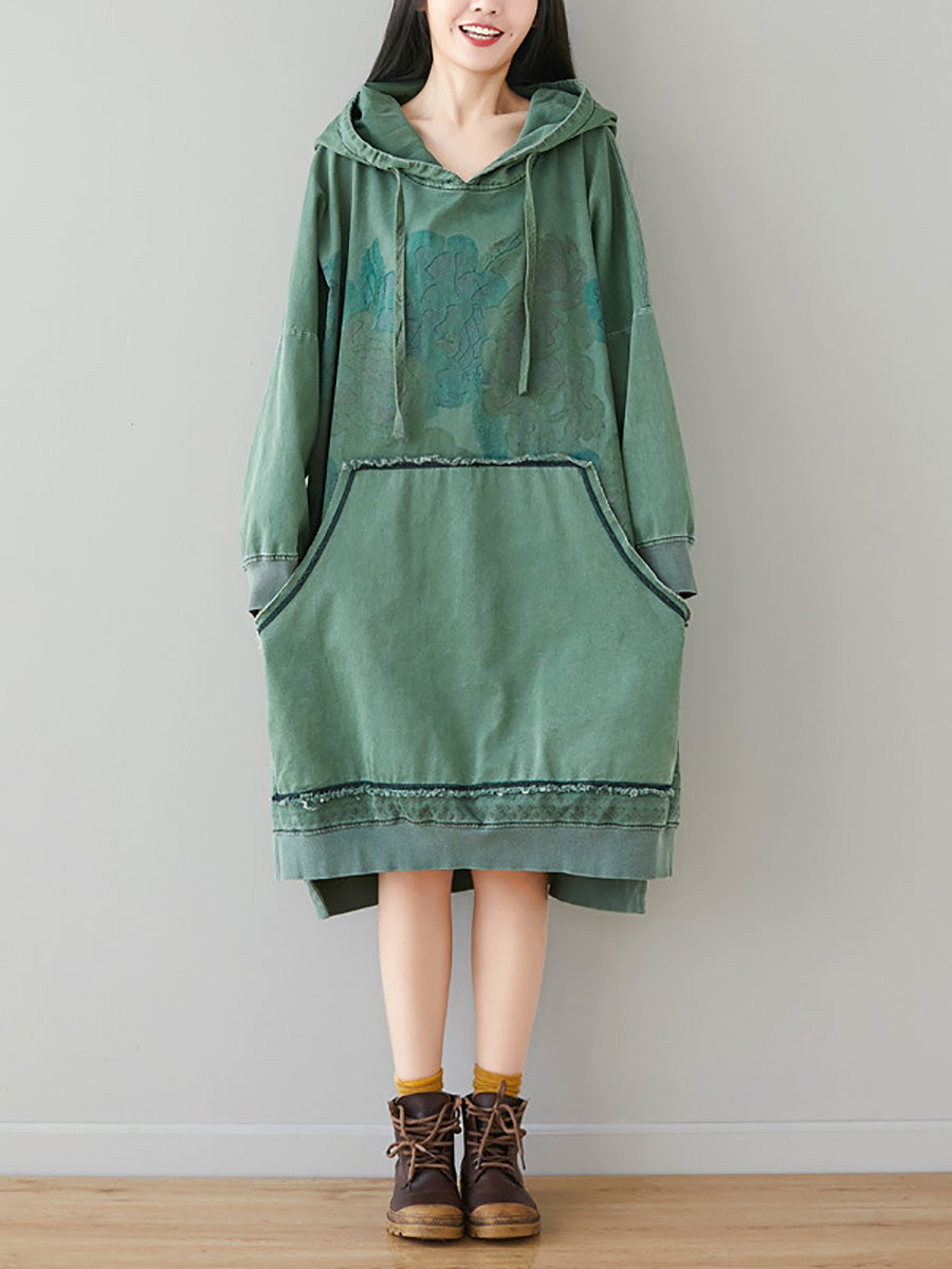 Robe à capuche à ourlet colorblock et à fleurs rétro pour femme AI1049