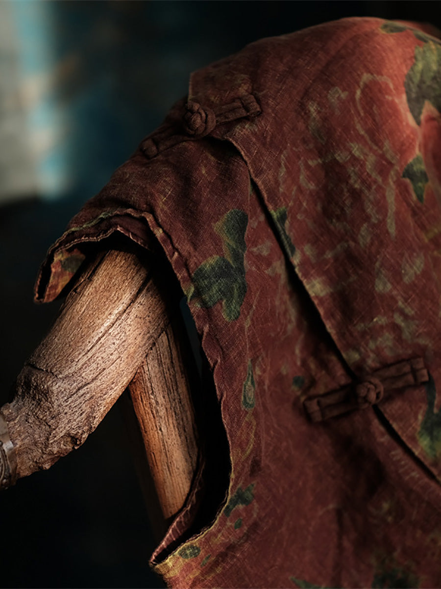 Damen Leinenweste mit ethnischem Blumenmuster und unregelmäßigem Saum AI1016