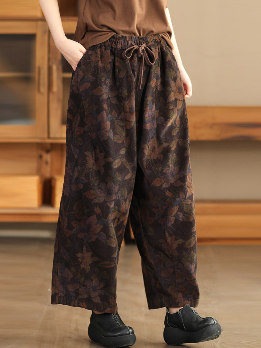 Damen Herbst Vintage Blumen Riemen Cord Haremshose AI1036