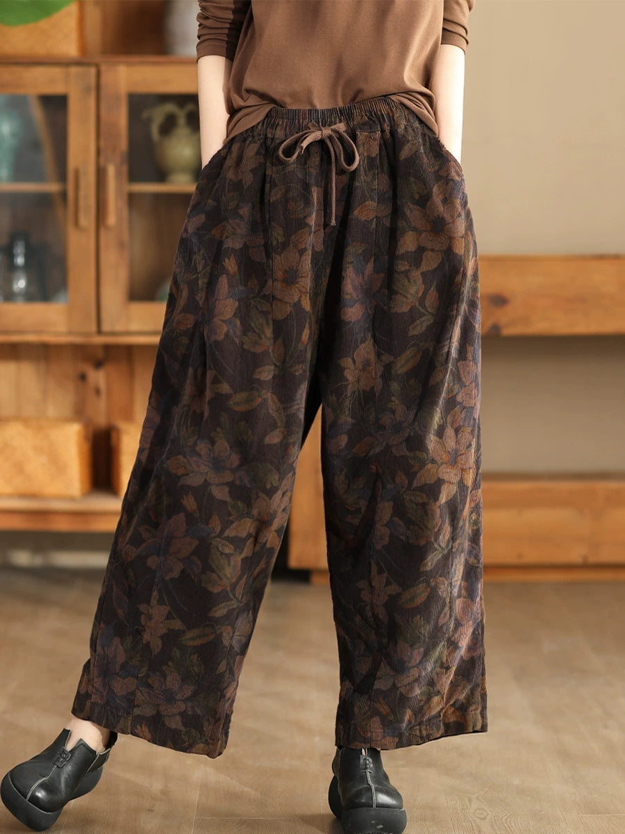 Damen Herbst Vintage Blumen Riemen Cord Haremshose AI1036