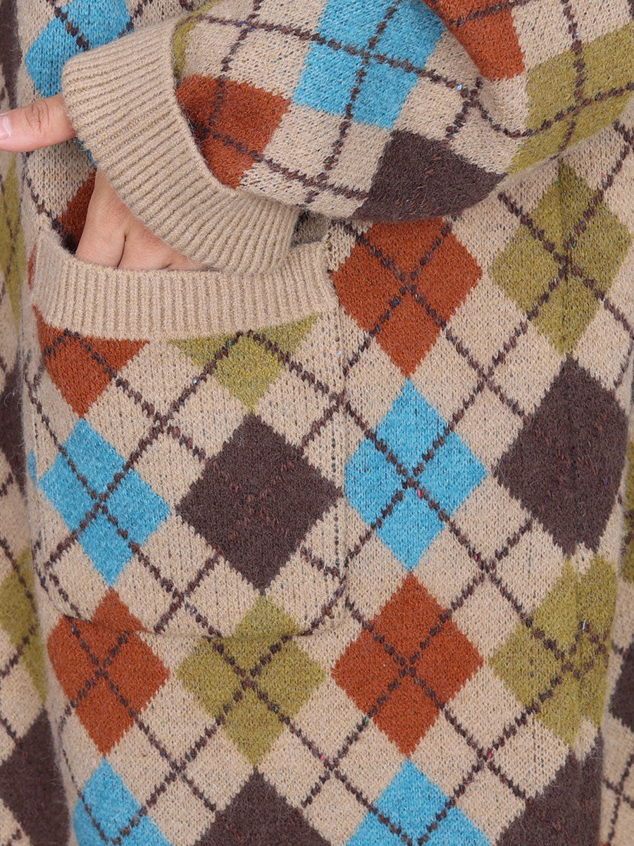 Damen Wintermantel aus rautenförmiger Wolle mit Kapuze AI1001