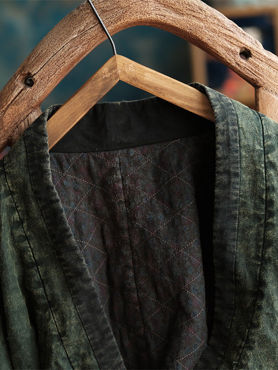 Damen Vintage Herbst Einfarbig V-Ausschnitt Riemen Leinenmantel AK1004