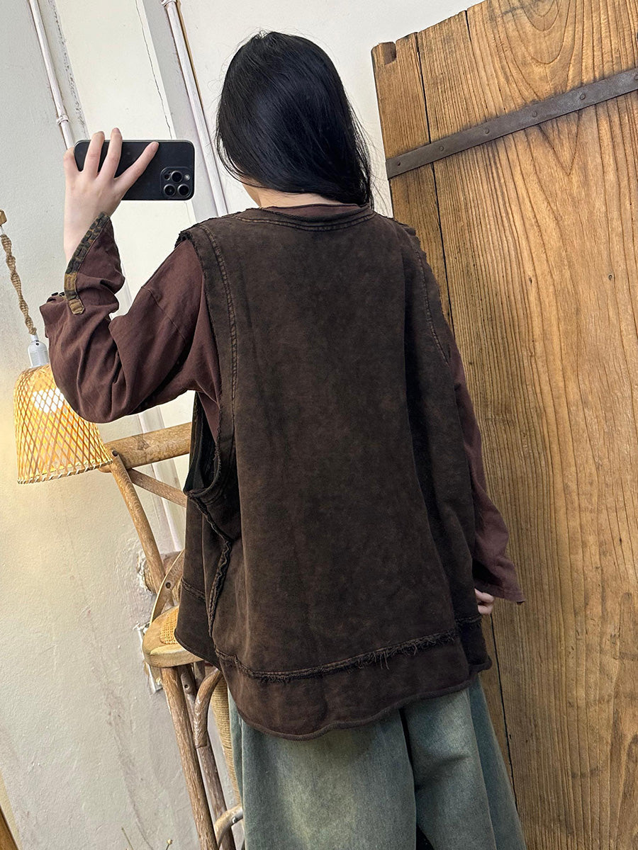 Damen Herbst Artsy Rohkanten Gespleißte O-Ausschnitt Weste AH1037