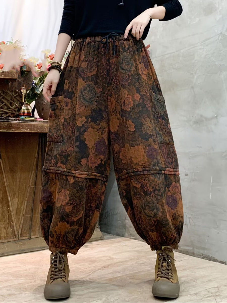 Pantalon sarouel en coton épissé à fleurs vintage pour femme AH1004