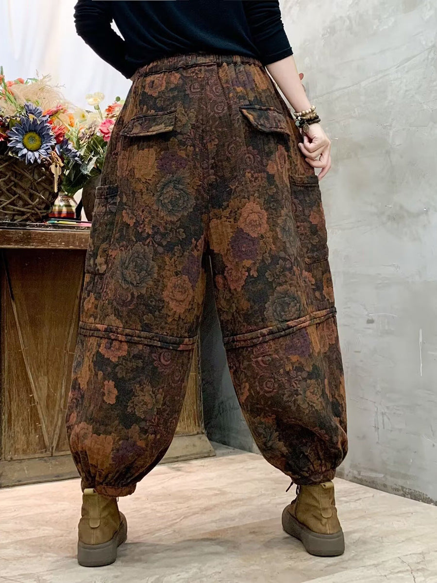 Pantalon sarouel en coton épissé à fleurs vintage pour femme AH1004