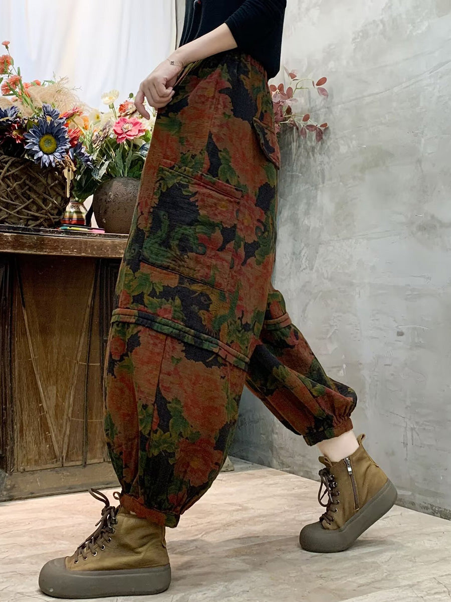 Pantalon sarouel en coton épissé à fleurs vintage pour femme AH1004