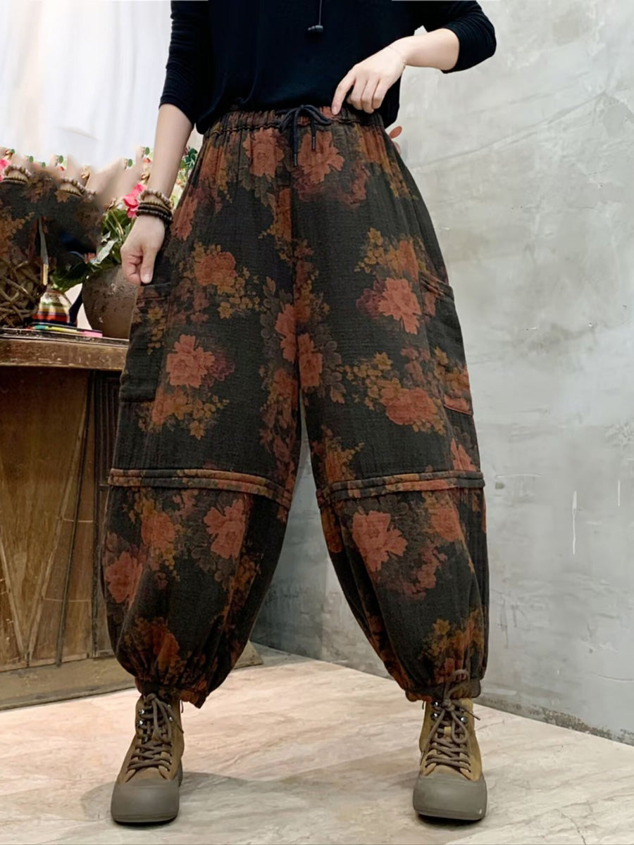 Pantalon sarouel en coton épissé à fleurs vintage pour femme AH1004