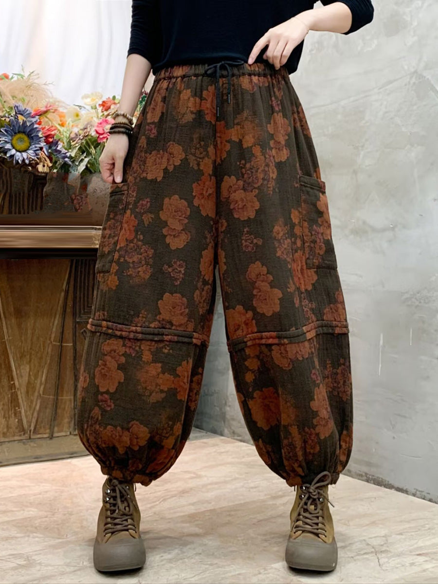 Pantalon sarouel en coton épissé à fleurs vintage pour femme AH1004