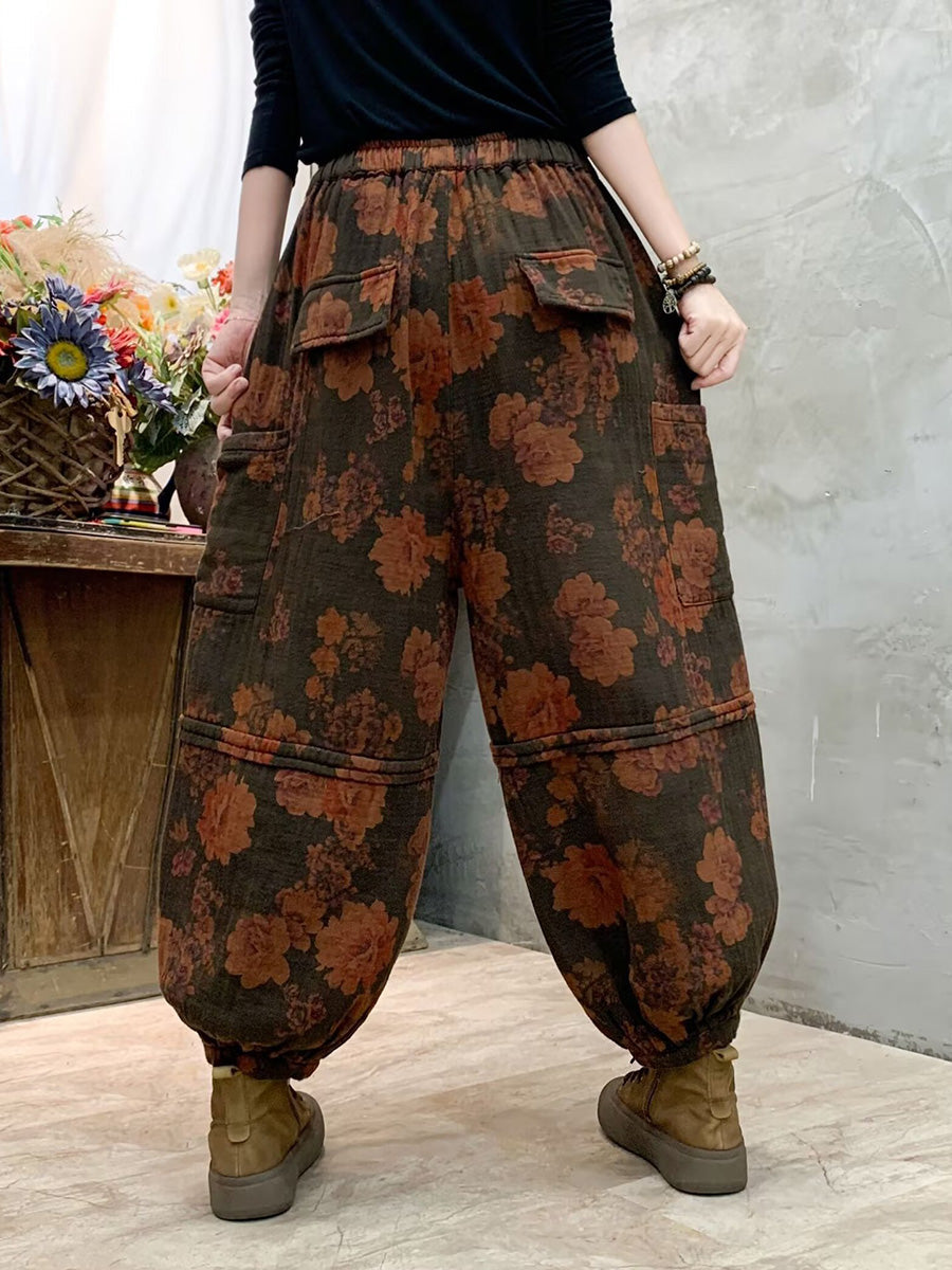Pantalon sarouel en coton épissé à fleurs vintage pour femme AH1004