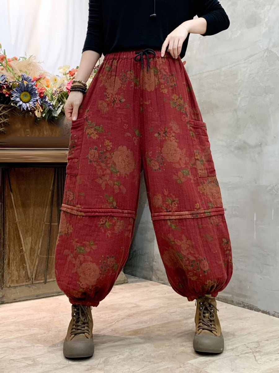 Pantalon sarouel en coton épissé à fleurs vintage pour femme AH1004