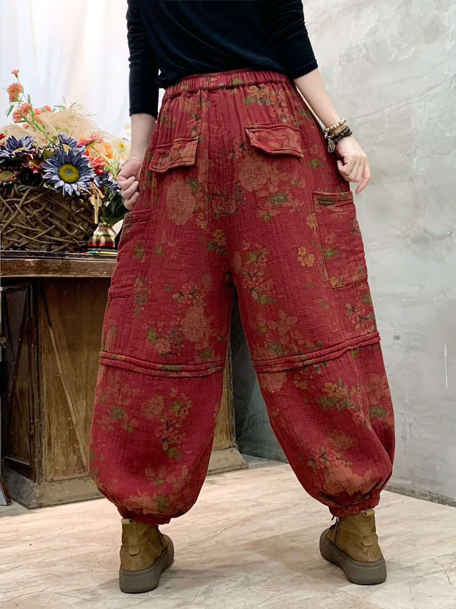 Pantalon sarouel en coton épissé à fleurs vintage pour femme AH1004