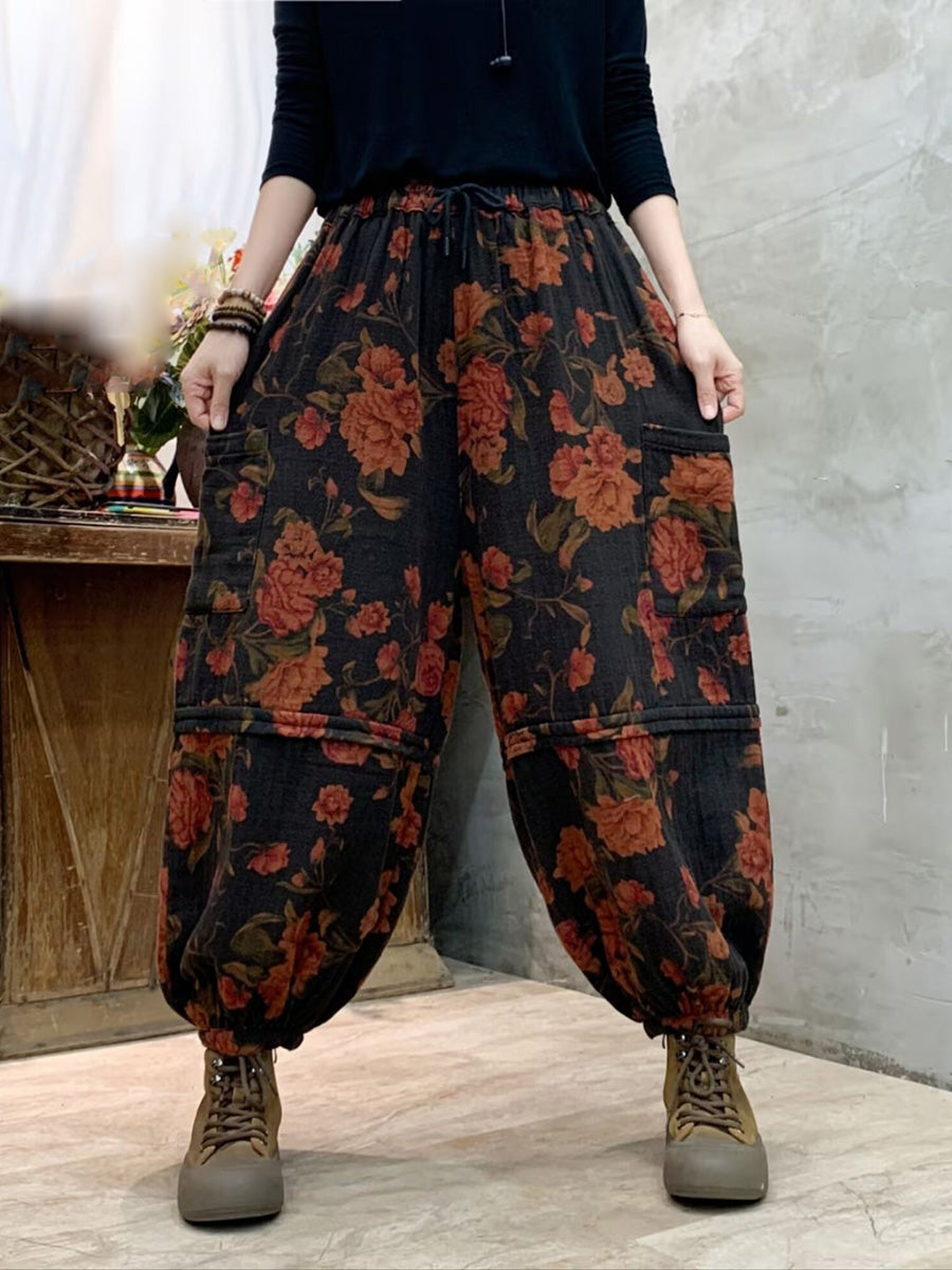 Pantalon sarouel en coton épissé à fleurs vintage pour femme AH1004