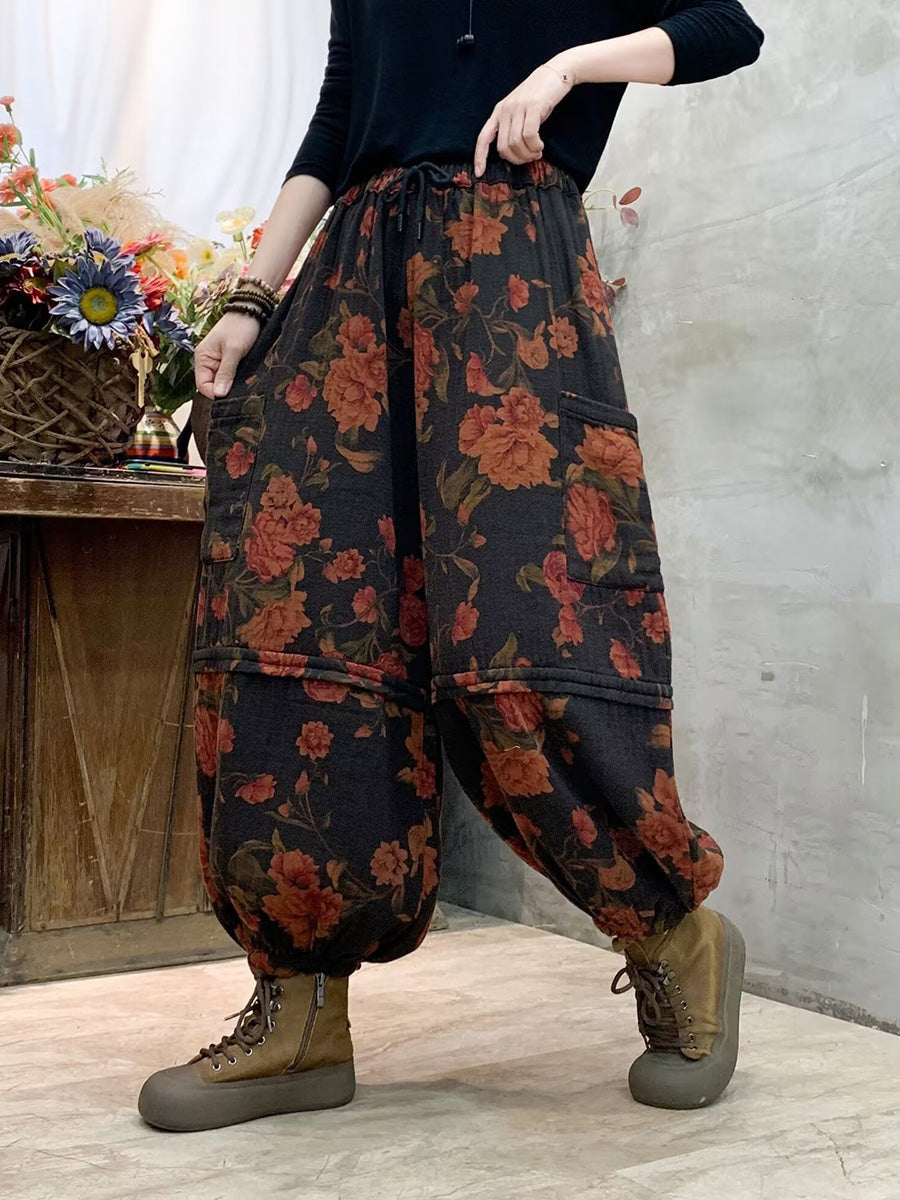 Pantalon sarouel en coton épissé à fleurs vintage pour femme AH1004
