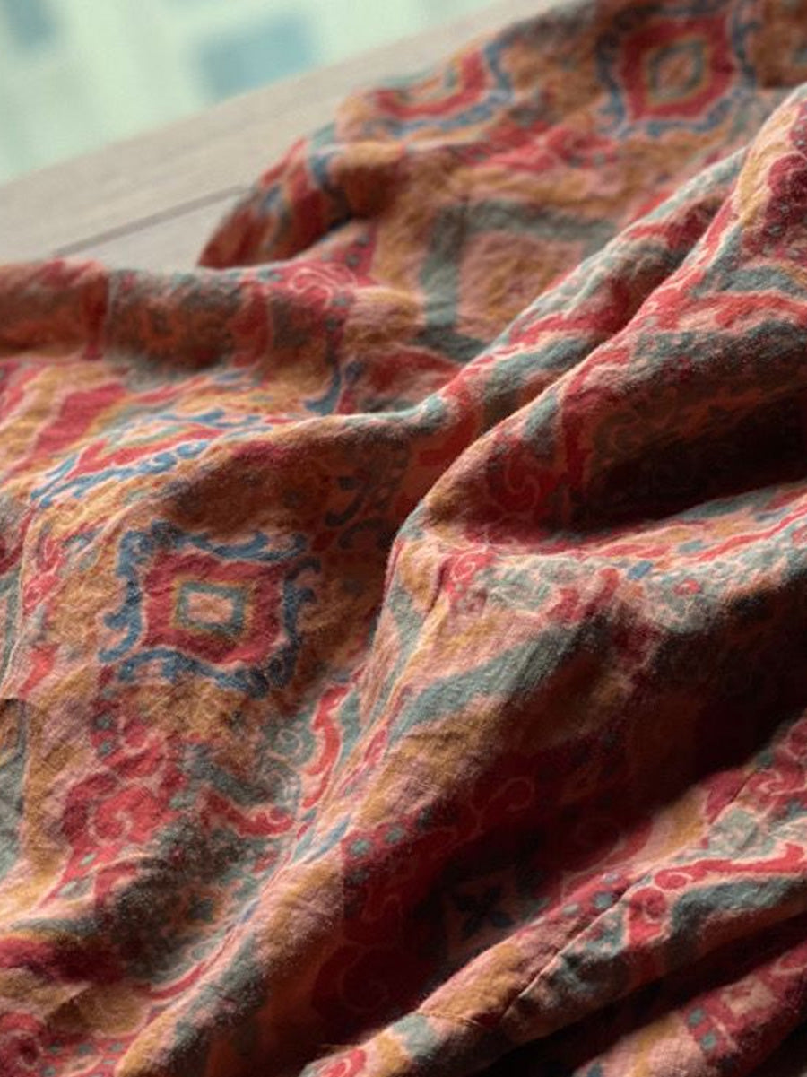 Manteau boutonné 100 % lin pour femme, imprimé vintage d'automne AH1015