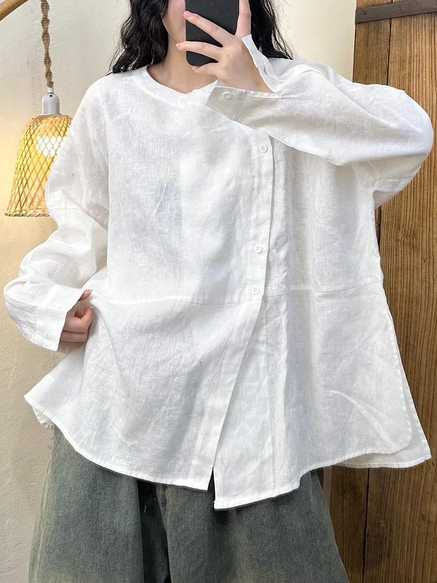 Chemise en lin unie décontractée à fermeture oblique pour femme, automne AH1044