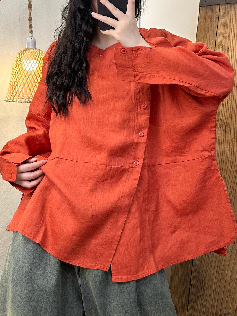 Chemise en lin unie décontractée à fermeture oblique pour femme, automne AH1044