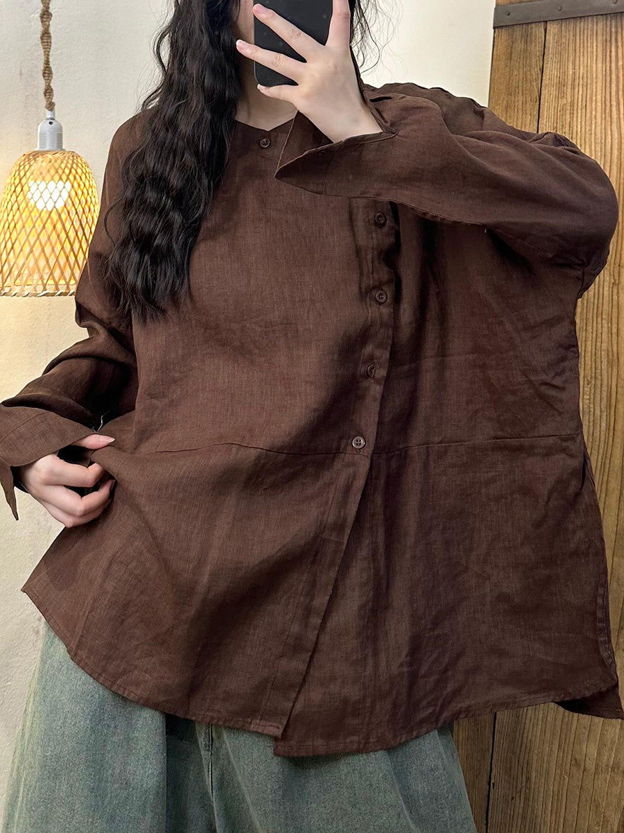 Chemise en lin unie décontractée à fermeture oblique pour femme, automne AH1044