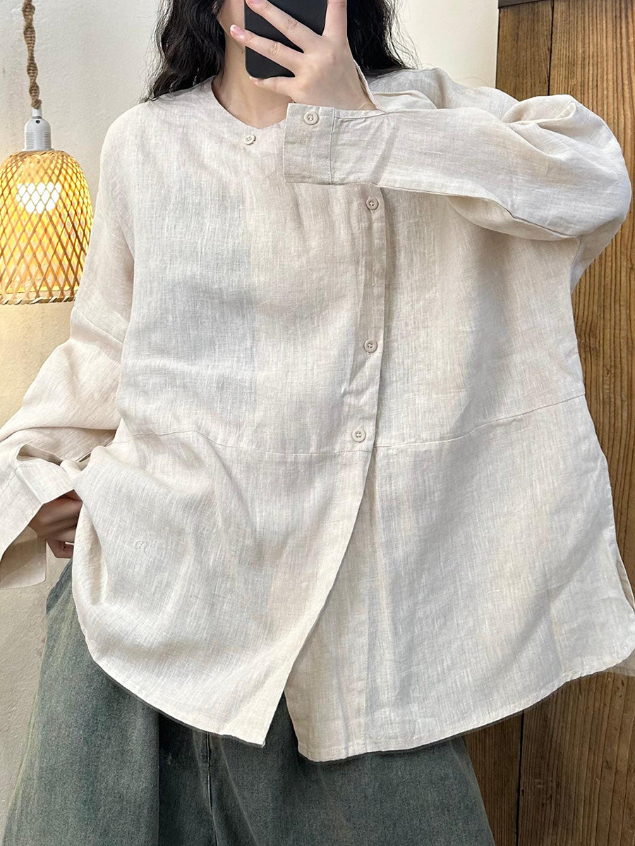 Chemise en lin unie décontractée à fermeture oblique pour femme, automne AH1044
