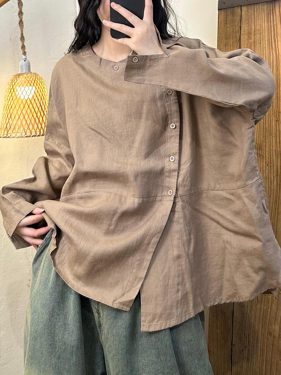 Chemise en lin unie décontractée à fermeture oblique pour femme, automne AH1044