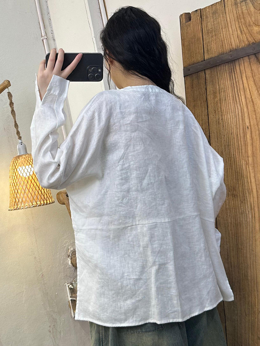 Chemise en lin unie décontractée à fermeture oblique pour femme, automne AH1044