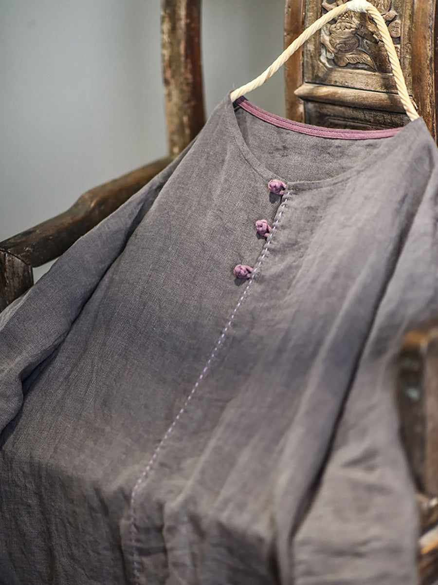 Frauen Vintage Herbst Solide O-Neck Schnalle Leinen Kleid AH1017