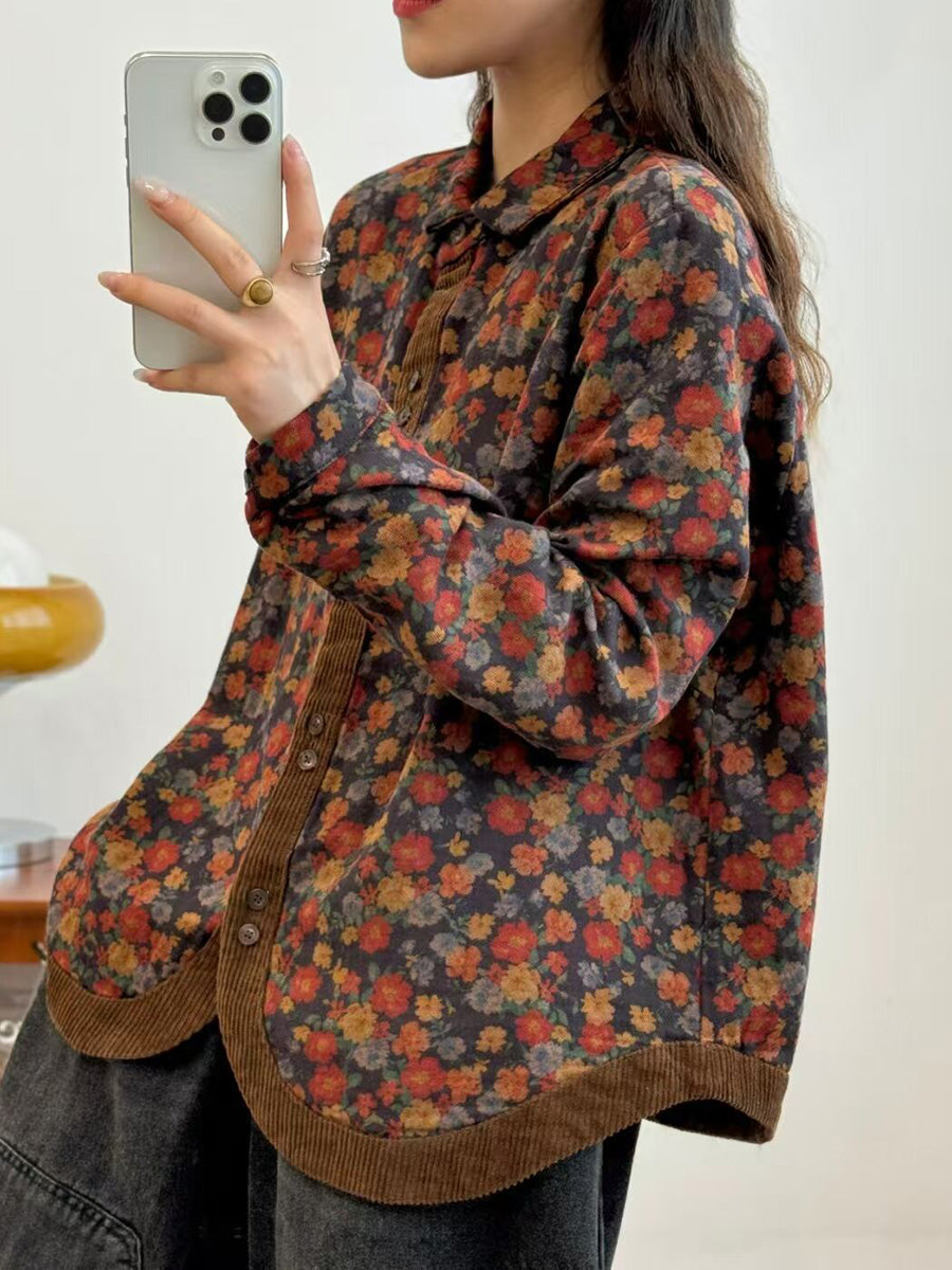 Damen Herbst Blumen Cord Gespleißtes Button-Up Hemd AK1013