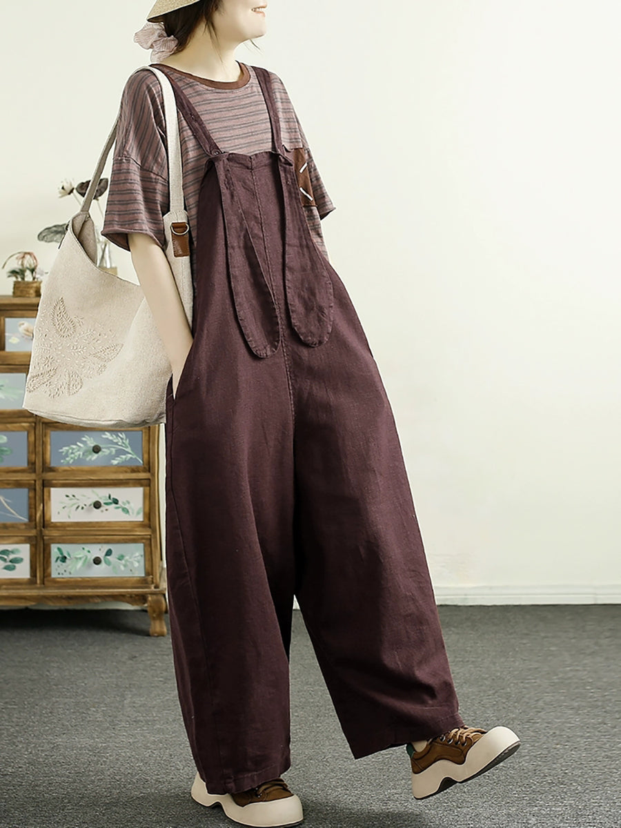 Plus Size Damen Retro Solid 100% Leinen Lockerer Overall AK1016