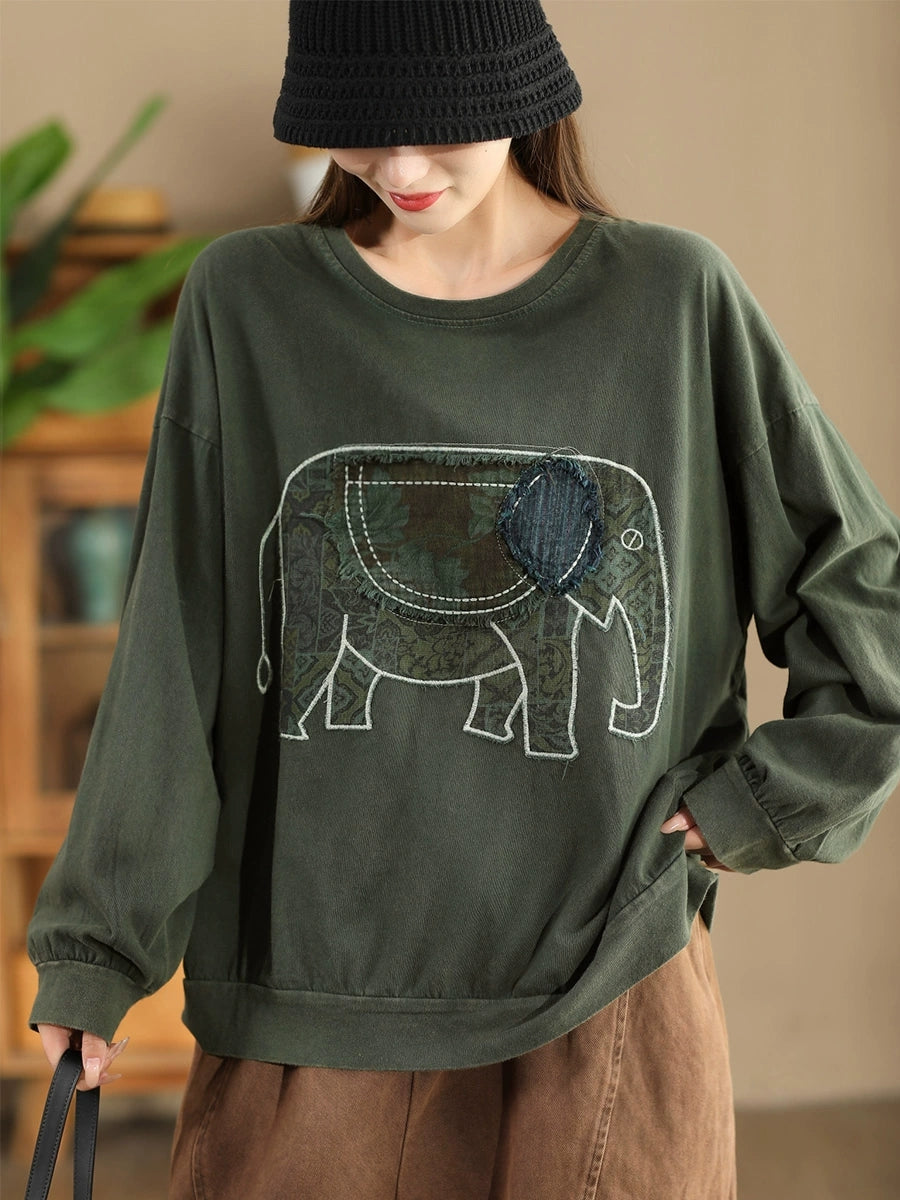 Sweat-shirt en coton à col rond et imprimé éléphant pour femme, style décontracté, automne, AK1017