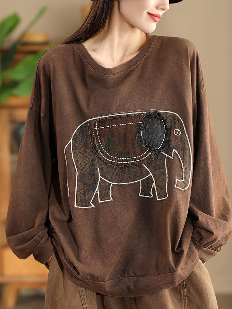 Sweat-shirt en coton à col rond et imprimé éléphant pour femme, style décontracté, automne, AK1017