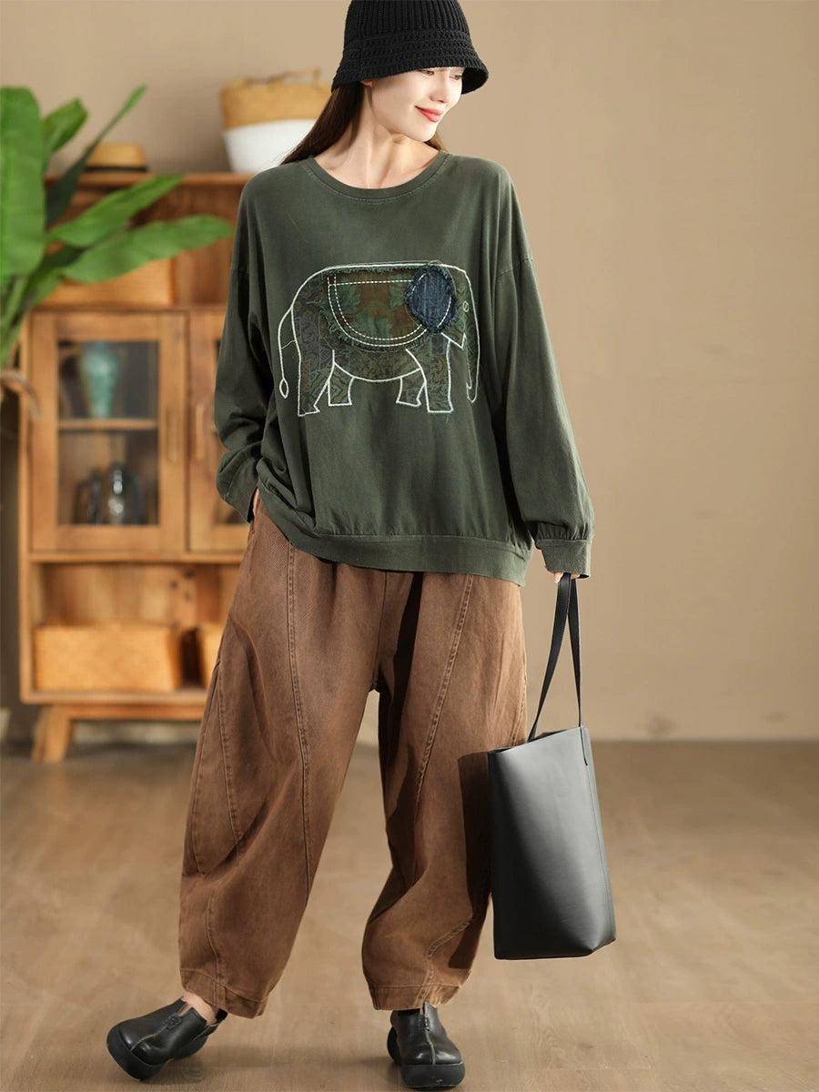 Sweat-shirt en coton à col rond et imprimé éléphant pour femme, style décontracté, automne, AK1017