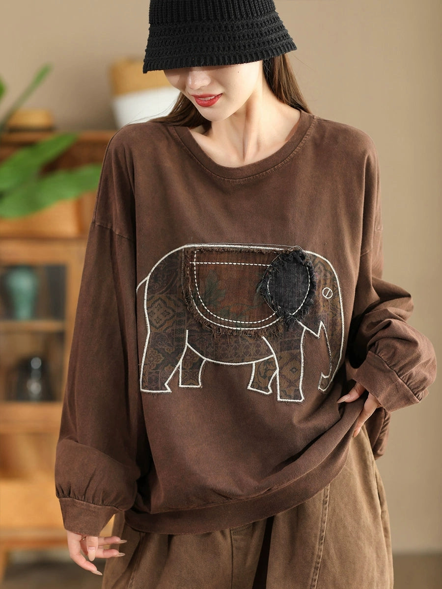 Sweat-shirt en coton à col rond et imprimé éléphant pour femme, style décontracté, automne, AK1017