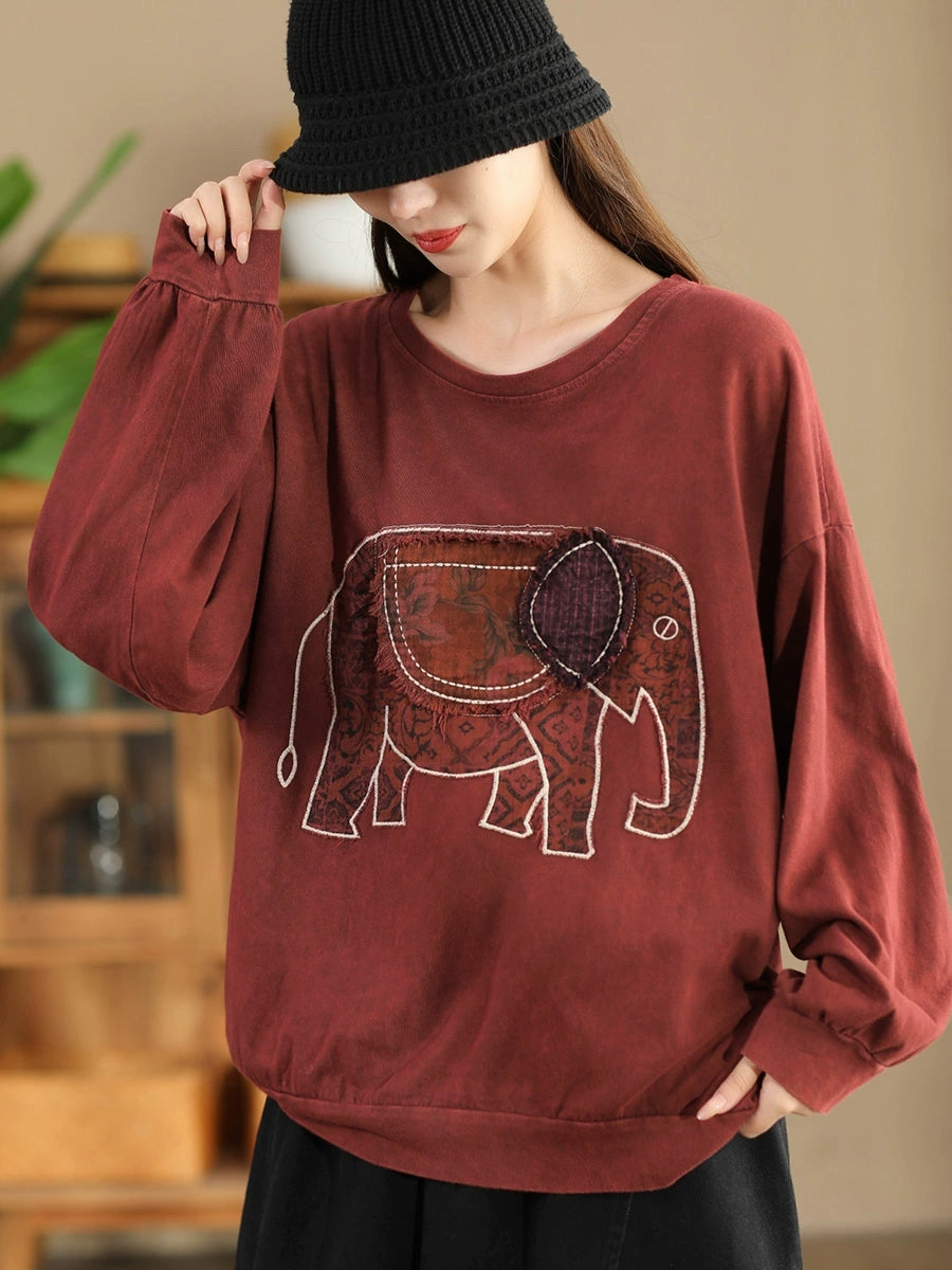Sweat-shirt en coton à col rond et imprimé éléphant pour femme, style décontracté, automne, AK1017