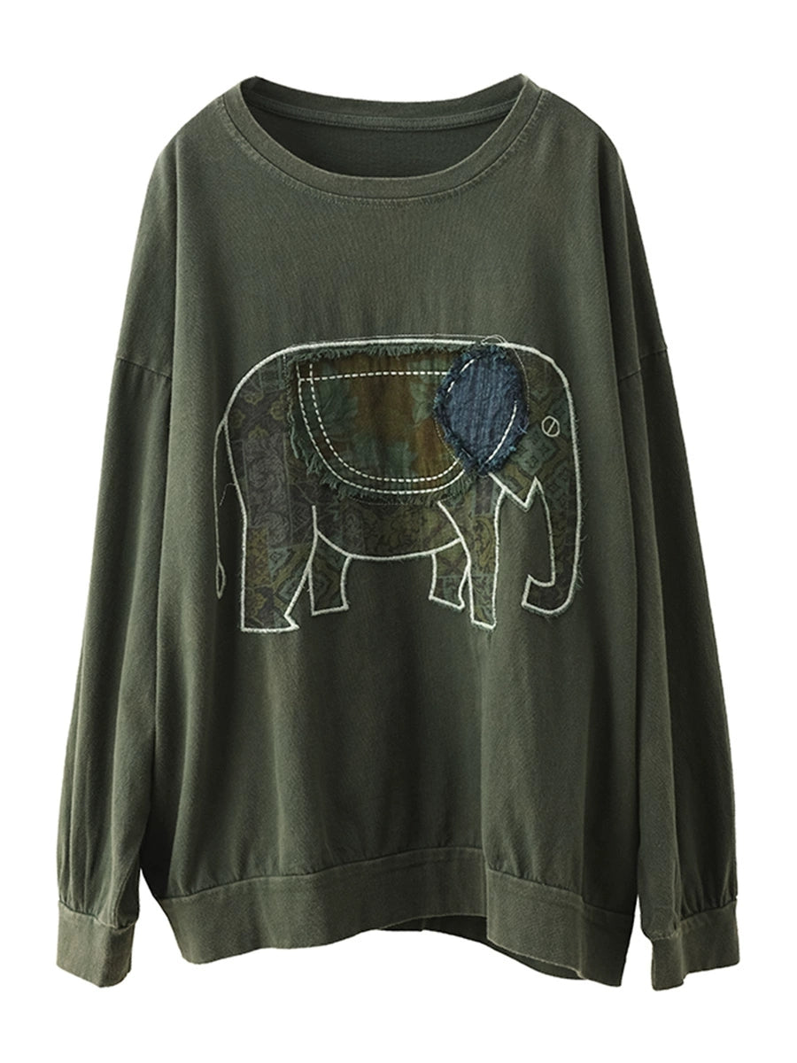 Sweat-shirt en coton à col rond et imprimé éléphant pour femme, style décontracté, automne, AK1017
