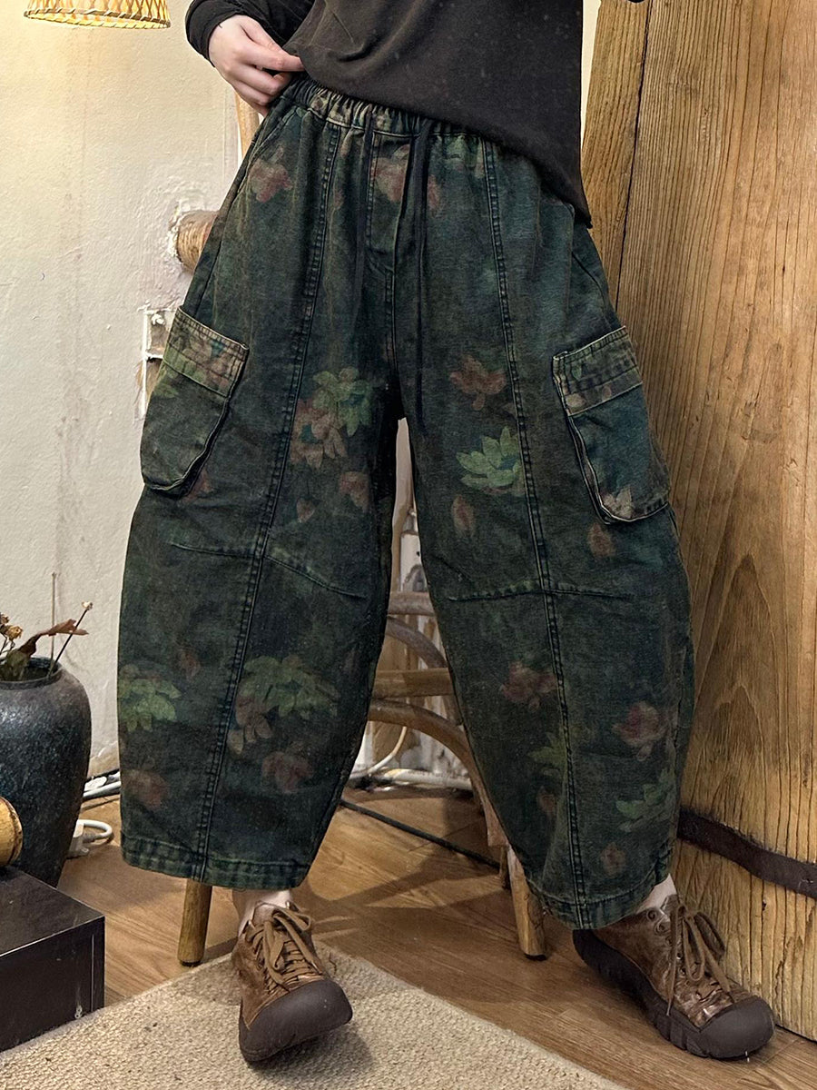 Damen Herbst Retro Blumen Denim Gespleißte Haremshose AK1019