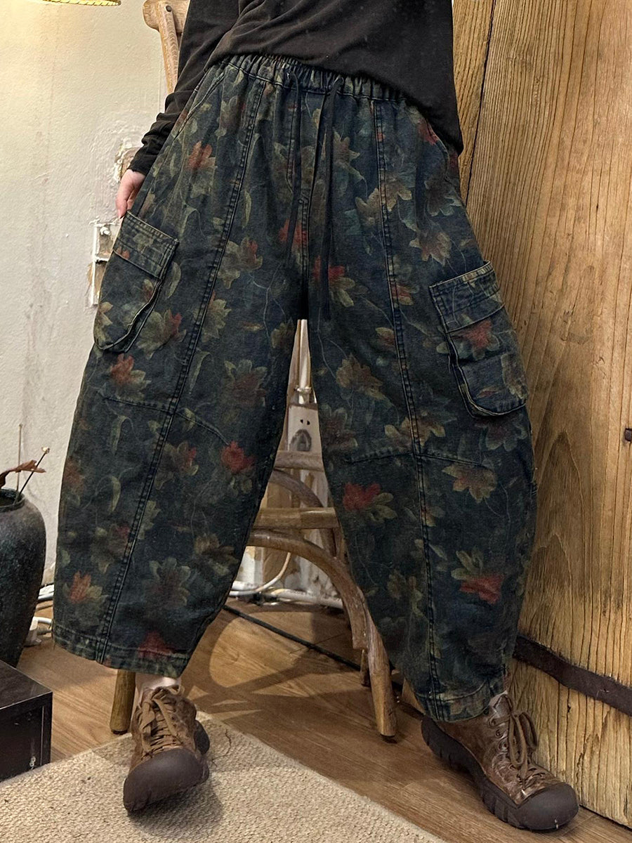 Damen Herbst Retro Blumen Denim Gespleißte Haremshose AK1019