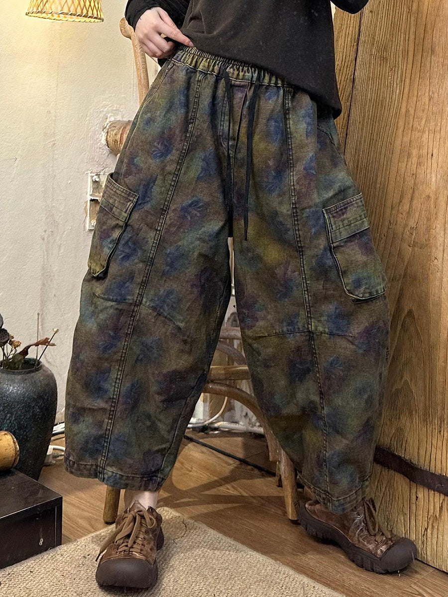 Damen Herbst Retro Blumen Denim Gespleißte Haremshose AK1019