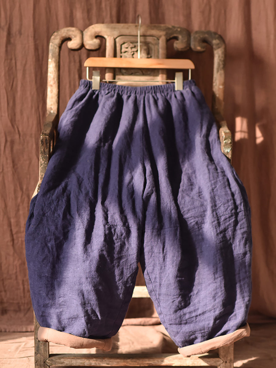 Pantalon sarouel rembourré en lin de couleur pure pour femme, style rétro, automne, AK1020
