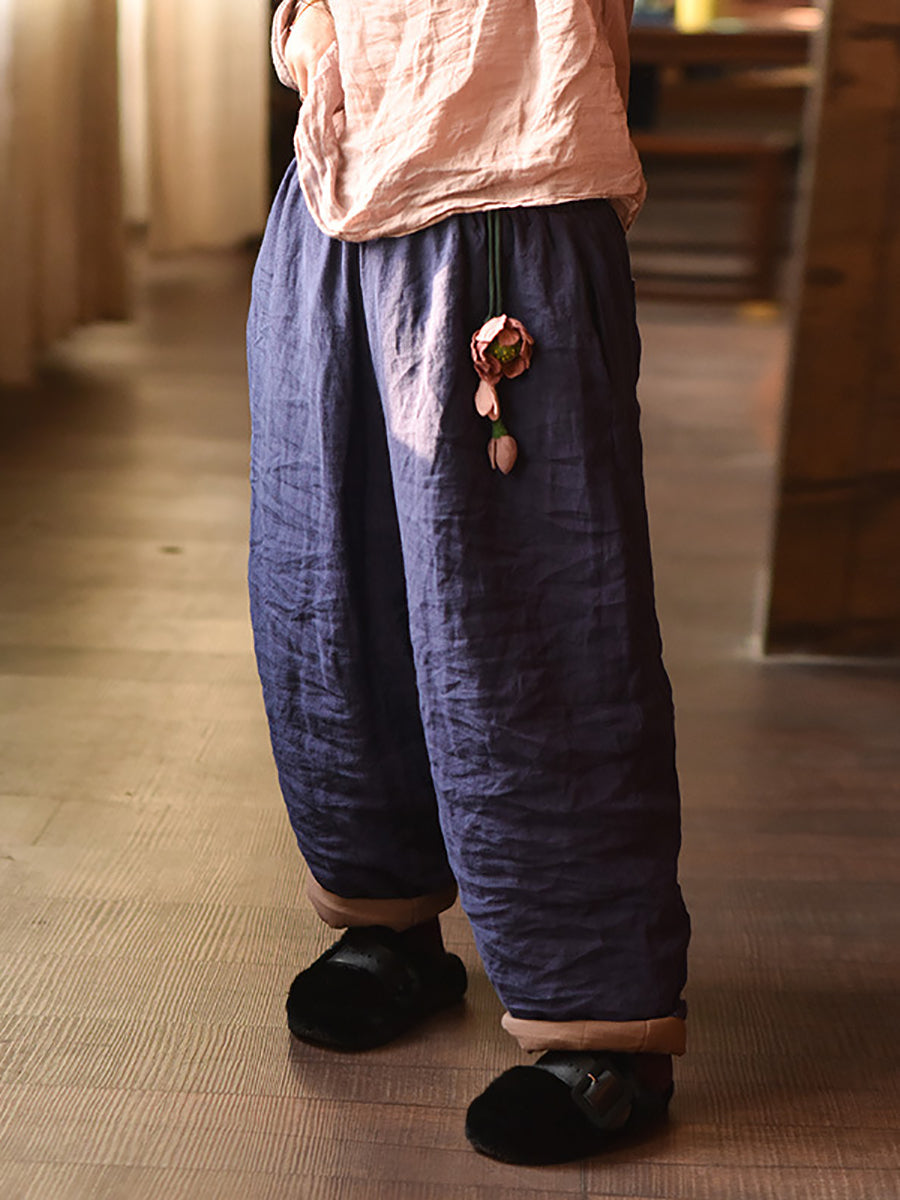 Pantalon sarouel rembourré en lin de couleur pure pour femme, style rétro, automne, AK1020