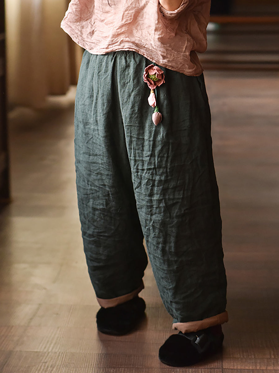 Pantalon sarouel rembourré en lin de couleur pure pour femme, style rétro, automne, AK1020